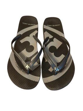 Tory Burch Designer Black Gray Flip Flop Thong Sandals 8 Summer Beach